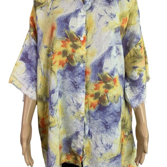 Go Silk Women 2X Beach Blouse Boho Tropical Altered Short Sleeve Linen Button Up - Picture 2 of 13